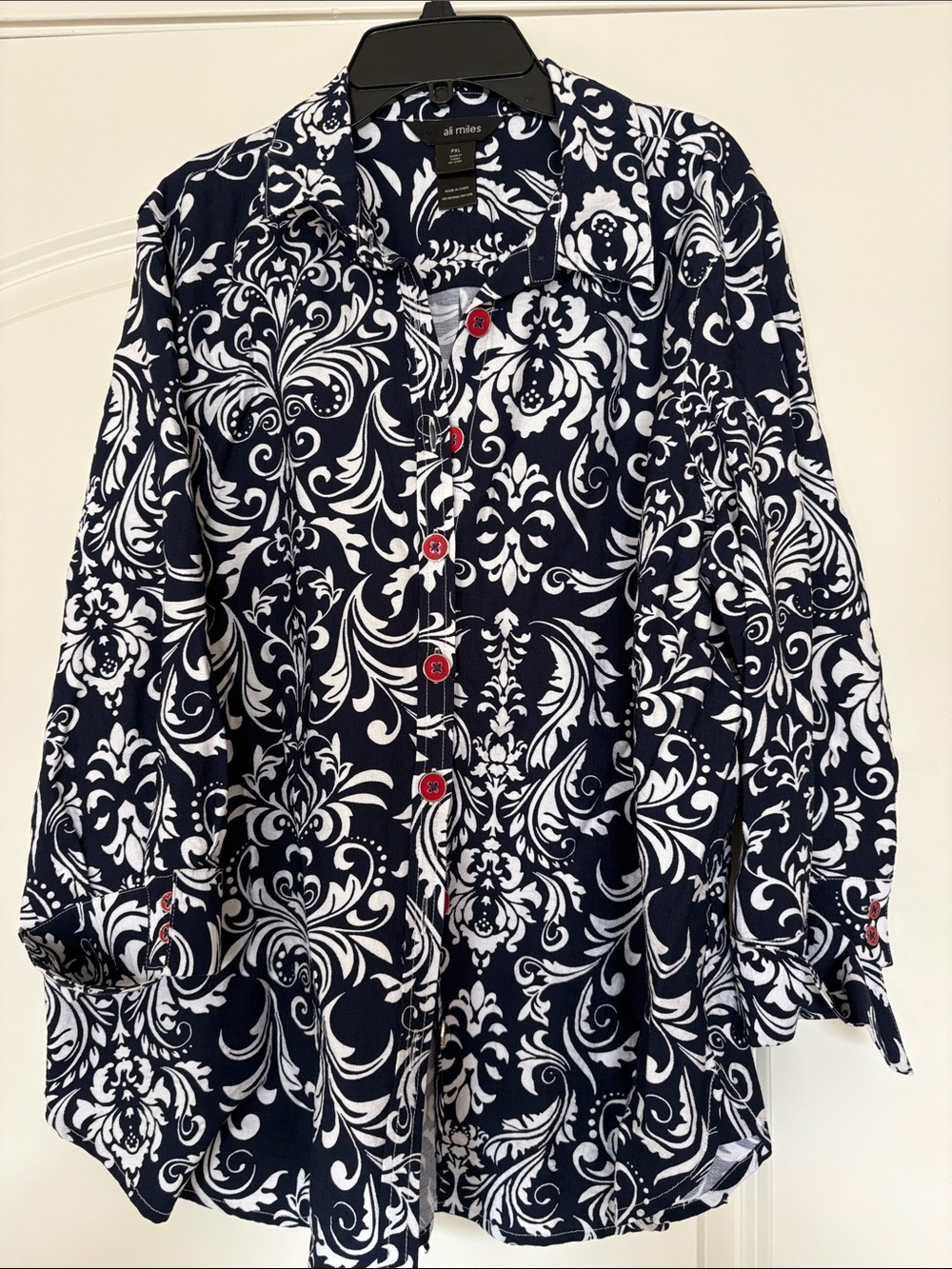 Ali Miles Navy and White Damask Button-Down Shirt with Red Buttons